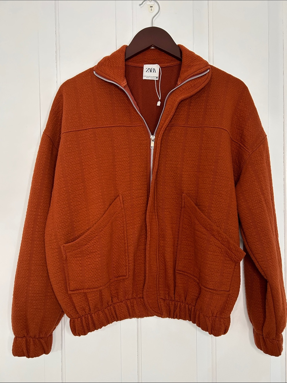 Zara neutral clean casual Rust brown oversized Textured Zip Sweater Jacket